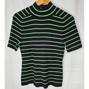 Striped Ribbed Knit Mock Neck Short Sleeve Top Navy & Green Free Assembly Large